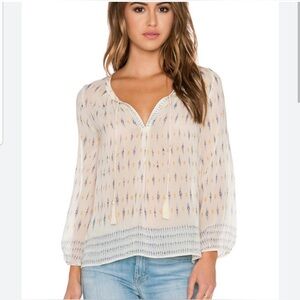 Revolve X Joie Auberon Ivory 100% Silk Peasant Blouse with Tassel Tie